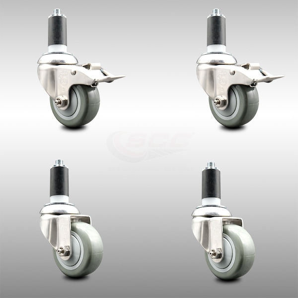Service Caster 3.5 Inch 316SS Gray Polyurethane Swivel 1-1/4 Inch Stem Caster Lock Brake, 2PK SCC-SS316TTLEX20S3514-PPUB-2-S-2-114 - main